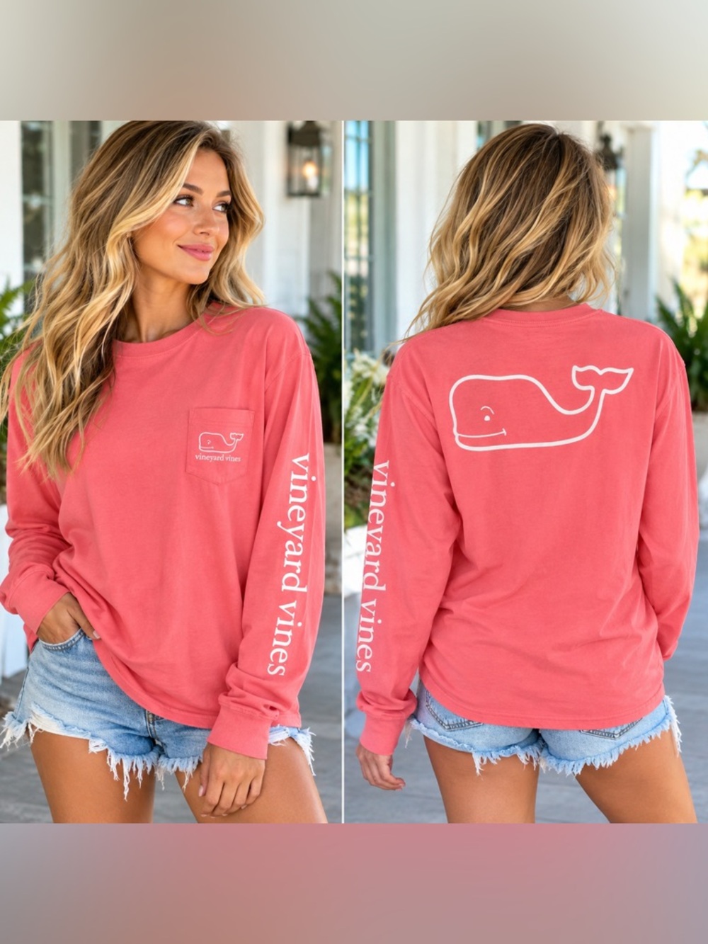 Vineyard Vines Coral Pink Whale Long Sleeve Pocket Tee 100% Cotton